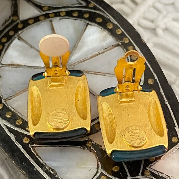 Vtg Givenchy Blue Green Lucite Gold-tone Clipons - Picture 5 of 13
